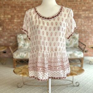 Sigrid Olsen Top Ivory Brown Embroidered Tiered M Boho Peasant Cottagecore